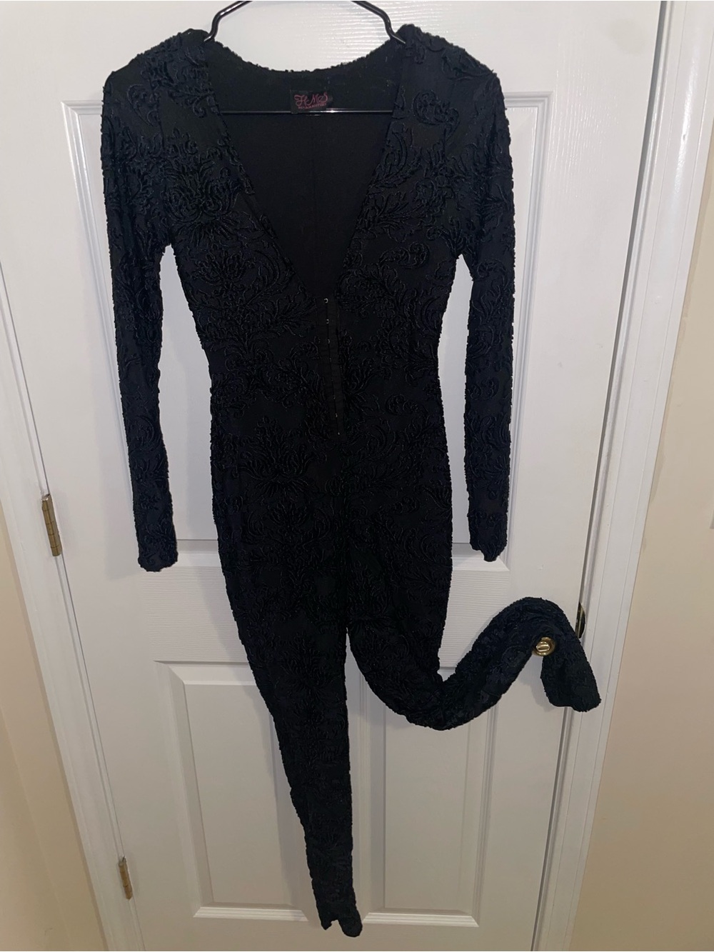 Black Long-Sleeve Textured V-Neck Jumpsuit